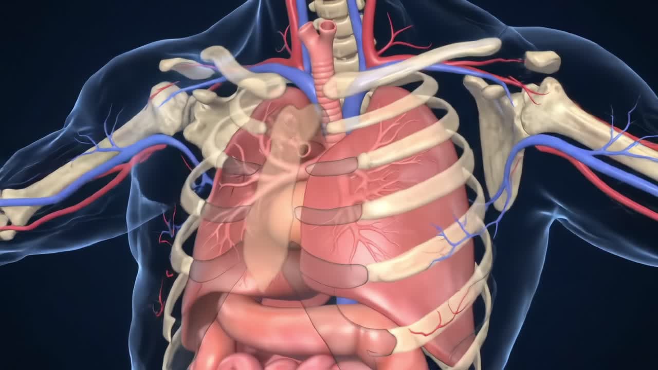 Detailed Anatomical Visualization of the Human Thoracic Cavity Showcasing Internal Organs, Vessels, and Structures from Front and Side Perspectives