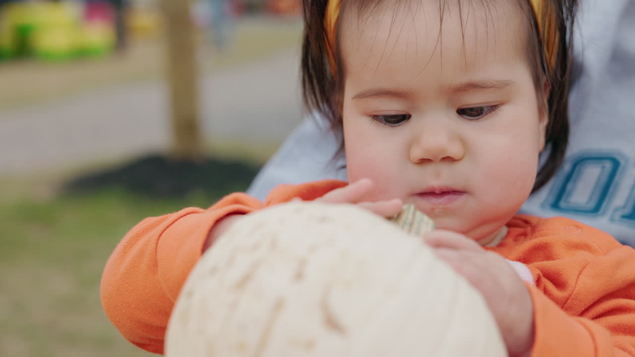 Baby holding a white pumpkin