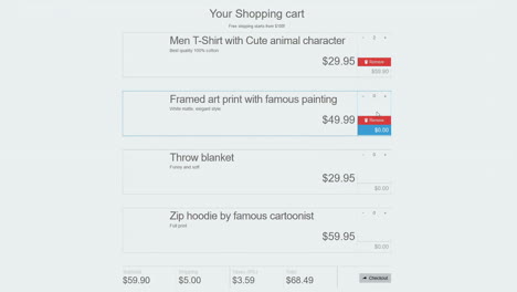 a shopping cart experience on the web: ordering some merchandise items, removing one, proceeding to check out