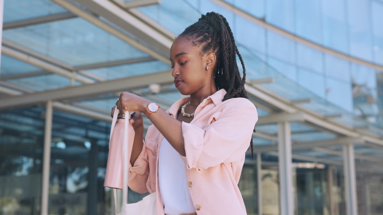 Woman, student and bag with bottle at college