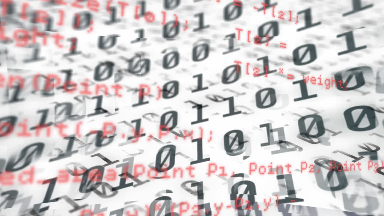 Digital animation of data processing against binary coding data processing on white background