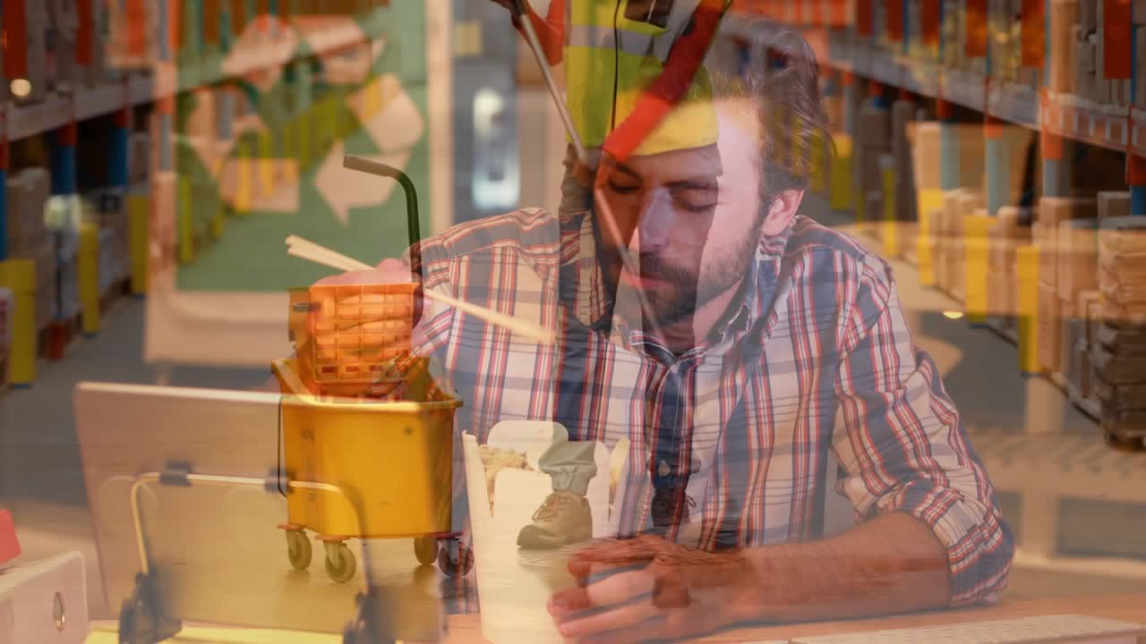 Animation eines kaukasischen Mannes, der isst und auf seinen Laptop schaut, über einer Frau, die einen Lagerboden wischt.