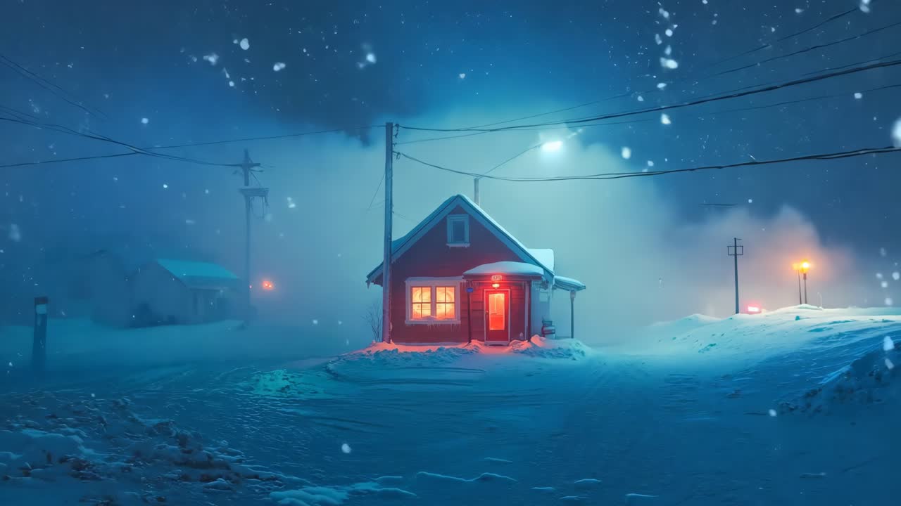 una pequeña casa roja en el medio de una calle nevada por la noche