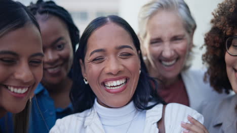 women, selfie and peace sign in city with smile