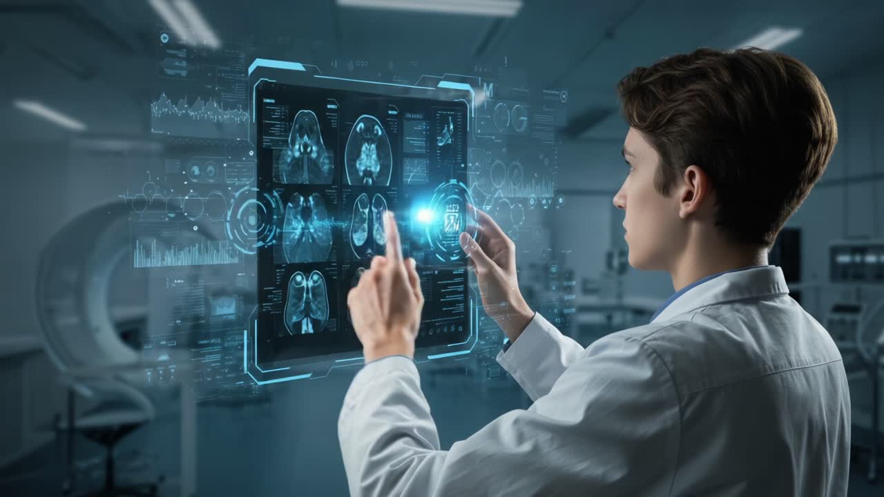 Innovative Medical Technology: A Professional Analyzes Advanced Health Data Using Interactive Displays in a Modern Healthcare Environment