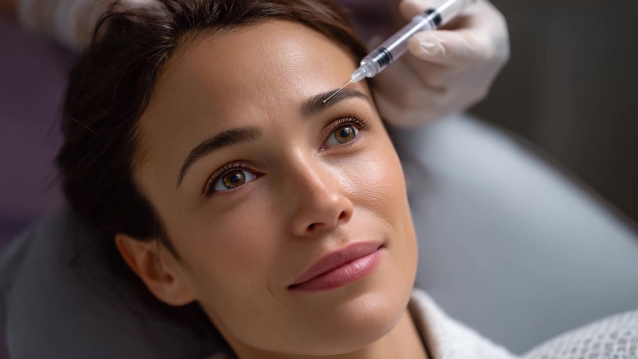 Trattamento Estetico: Primo Piano di una Donna Sottoposta a un'Iniezione per il Miglioramento Facciale, Catturando la Sua Espressione Serena Durante la Procedura