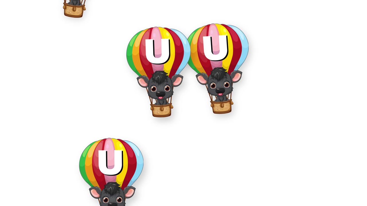Animerade seriefigursdjur som stiger ner i färgglada luftballonger mot en enkel vit bakgrund.