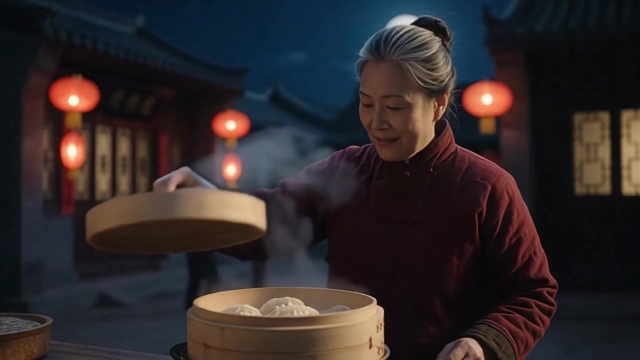 Mature Asian Woman Opening Steaming Bamboo Dumpling Basket at Night