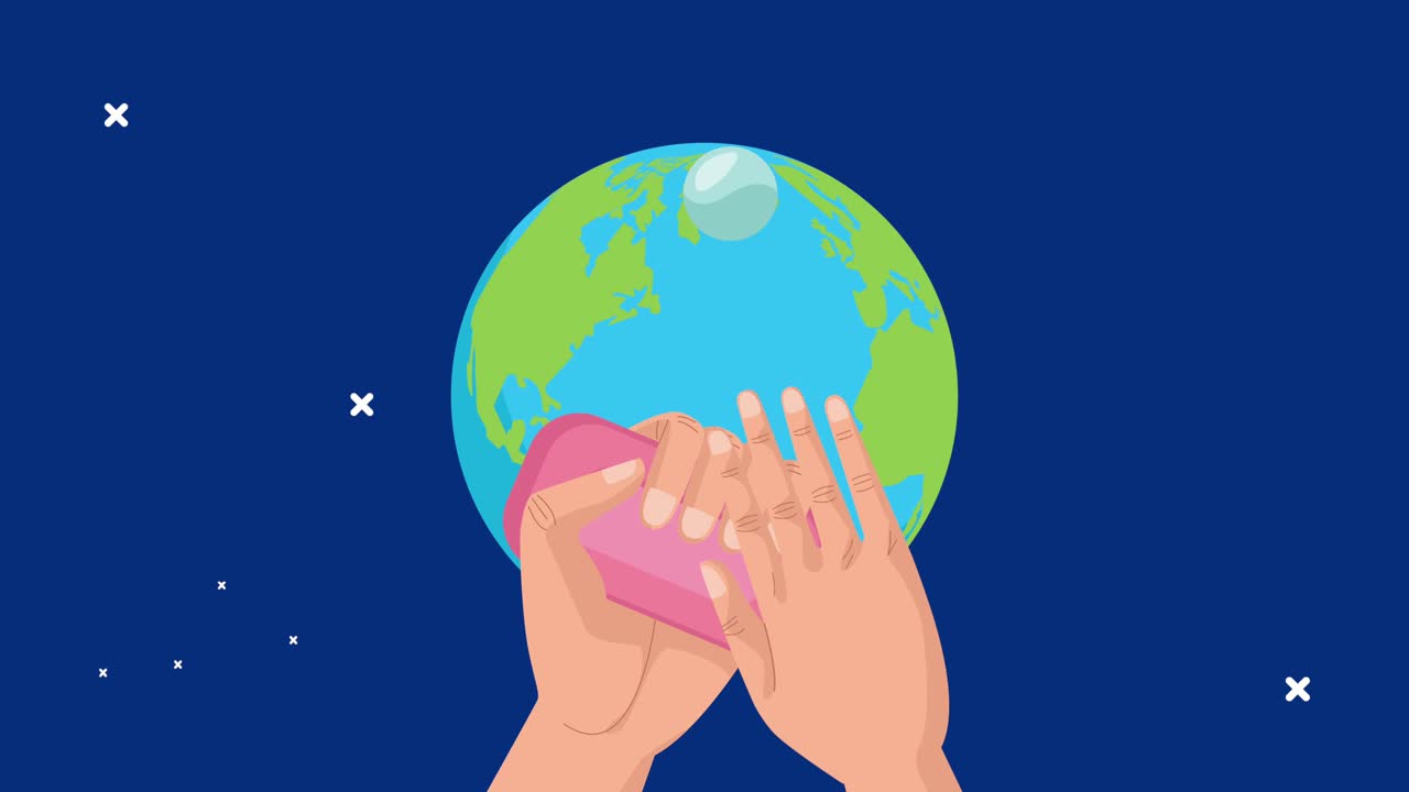 celebración global de lavado de manos animación con manos lavándose con jabón y planeta tierra