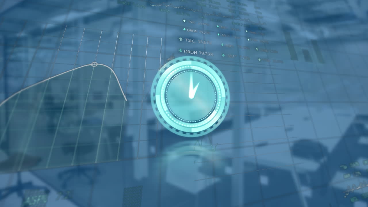 Animation of clock and data processing over empty office