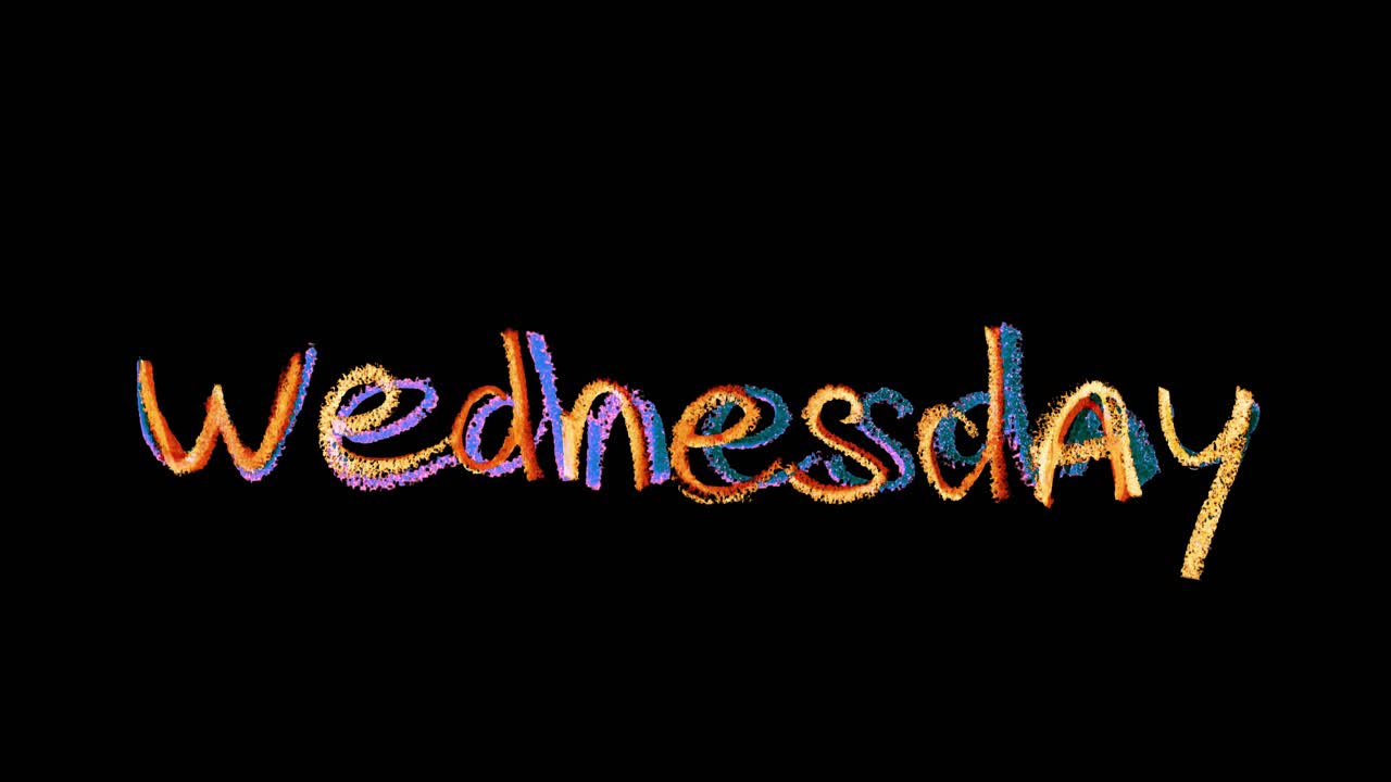 Wednesday title written in soft colored pencil sketch style, animated on a clean background for a simple intro