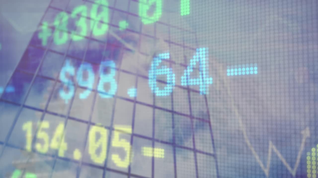 Animation of graphs and trading board over modern building against sky