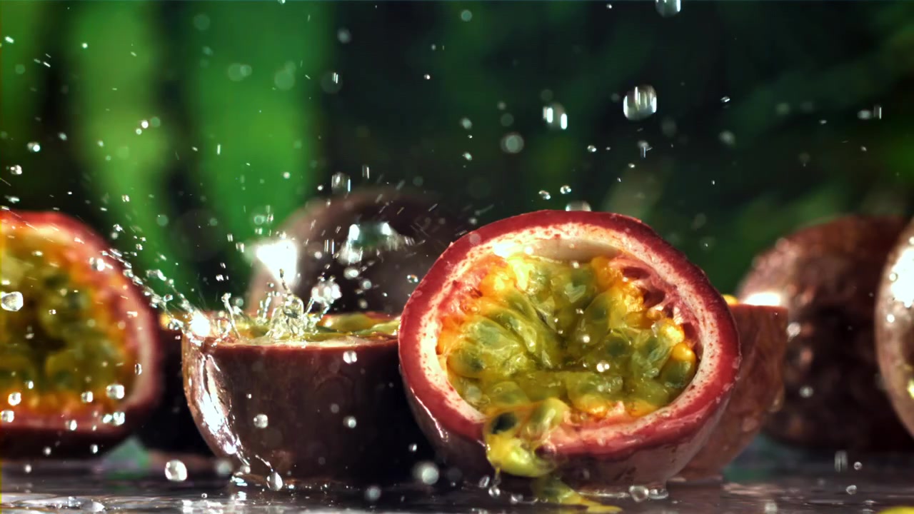 Forfriskende vand sprøjter på modne passionsfrugter i slowmotion