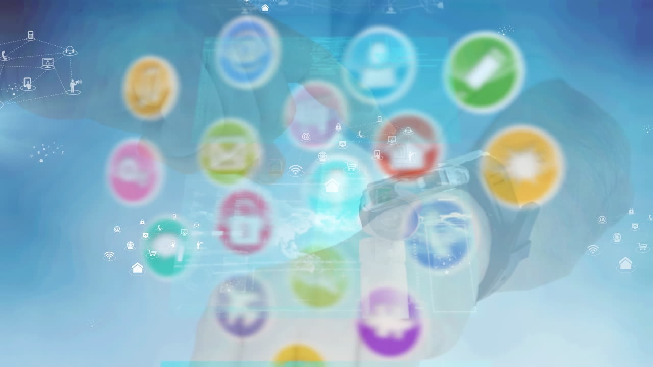 스마트 워치를 사용하는 코카시안 남자에 대한 아이콘과 연결 네트워크의 애니메이션