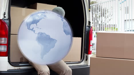 animation of globe of connections over delivery man with cardboard box