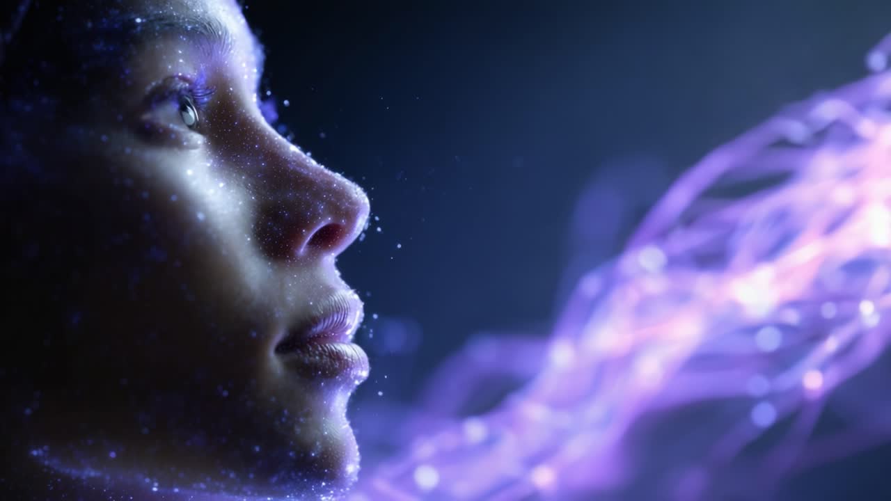 Ethereal Portrait of Cosmic Hope: A Close-Up of a Woman's Face Surrounded by Enigmatic Cosmic Particles and Dreamy Light Effects Shining Through the Dark
