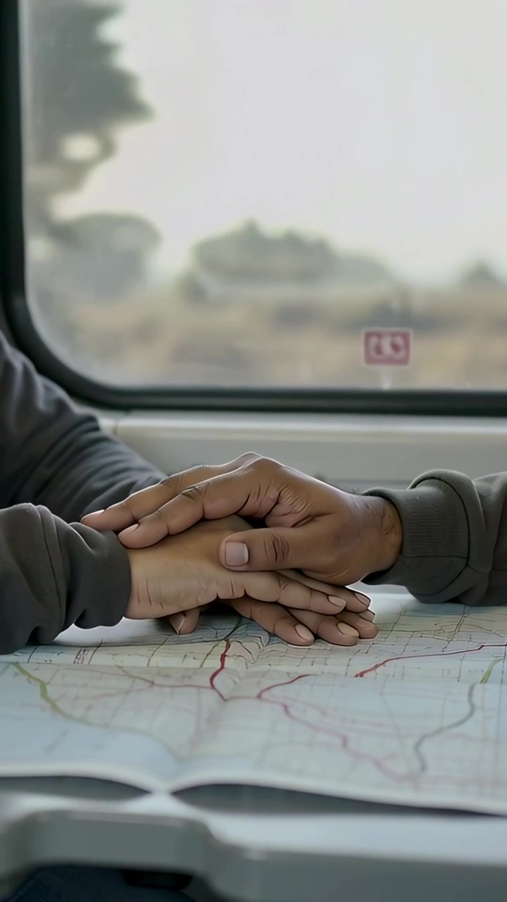 Video verticale: un paio di mani che scorrono su una mappa appoggiata sul tavolino di un treno, una mano con un anello pianifica il percorso