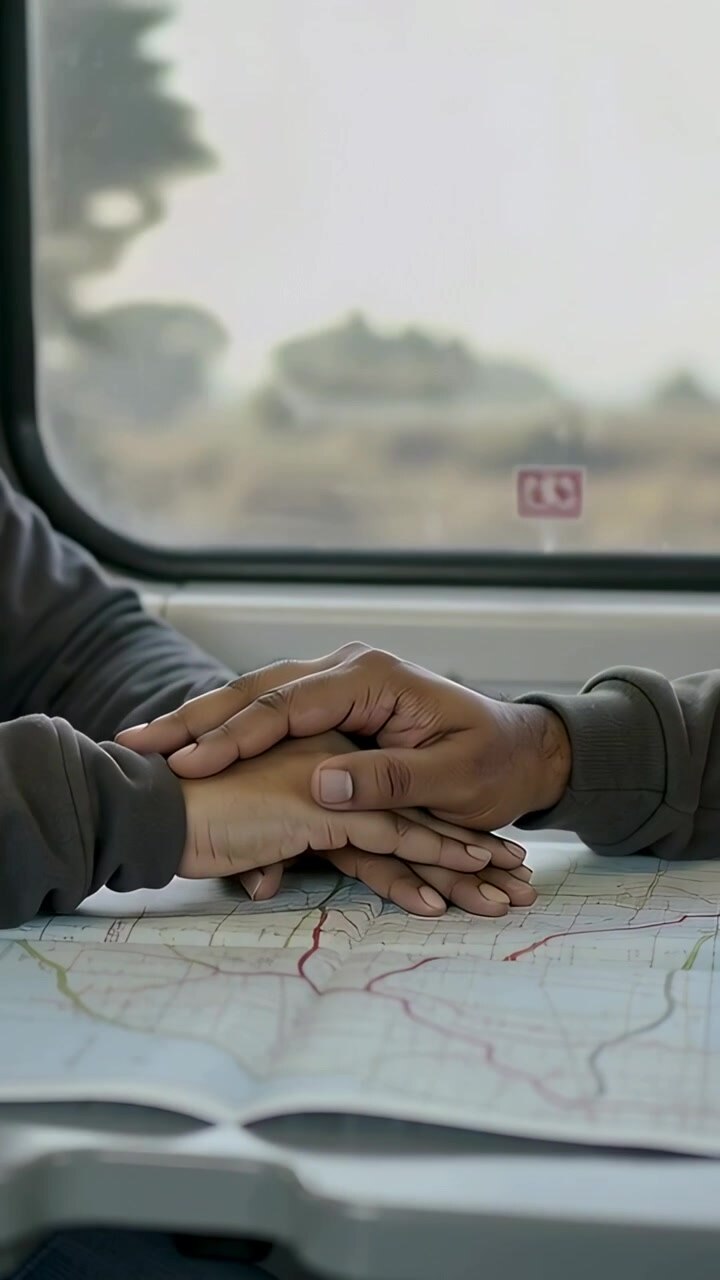 Video verticale: un paio di mani che scorrono su una mappa appoggiata sul tavolino di un treno, una mano con un anello pianifica il percorso