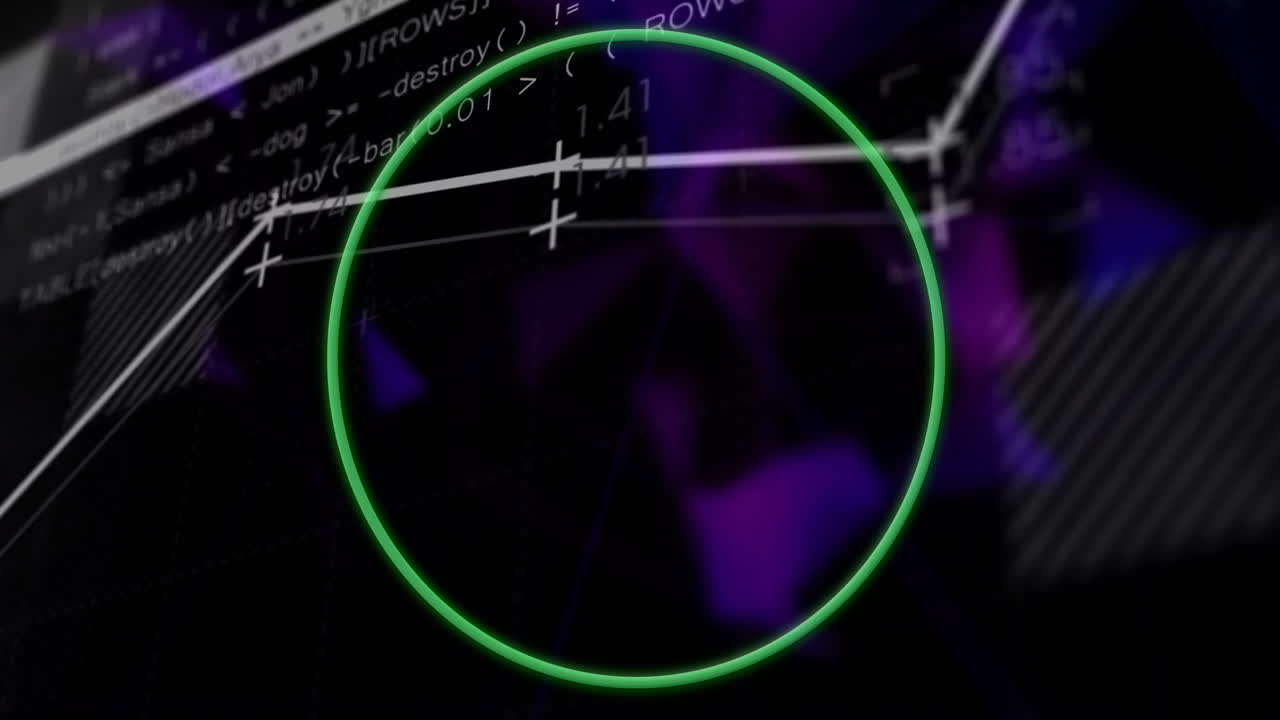 Animation of green circle with math equations on purple and black background