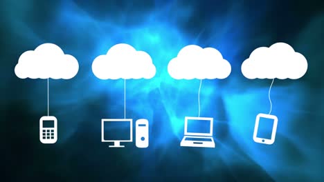 nube blanca moviéndose con iconos de redes en un fondo de humo azul