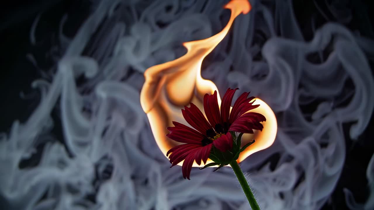 Video ravvicinato di un fiore rosso avvolto dalle fiamme, con fumo vorticoso sullo sfondo, girato