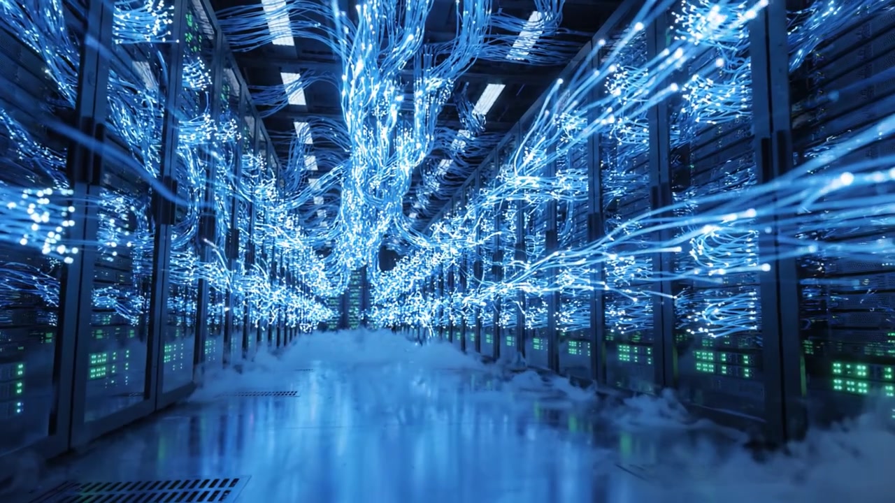 A Futuristic Data Center Featuring a Network of Illuminated Cables and Servers, Representing the Heart of Modern Technology and Connectivity in the Digital Age