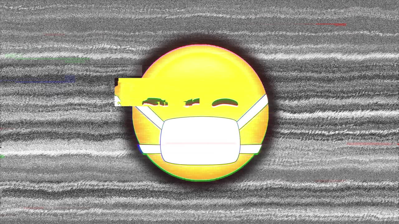 마스크를 착용한 얼굴의 디지털 애니메이션 이모지 tv에 비해 회색 배경에 정적 효과