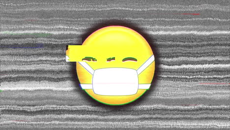 animación digital de la cara con una máscara emoji contra el efecto estático de la televisión en un fondo gris
