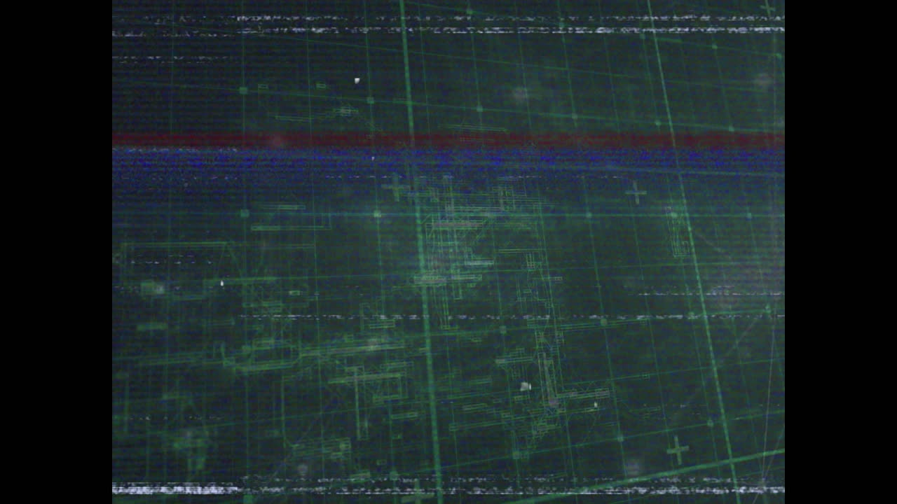 Animation of vhs glitch effect against network of connections over grid network on green background