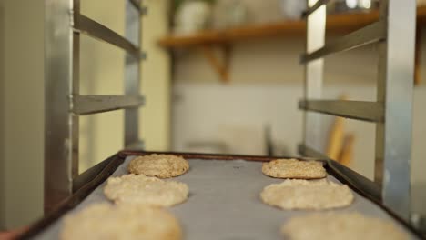 close up of freshly baked oatmeal cookies on a baking sheet