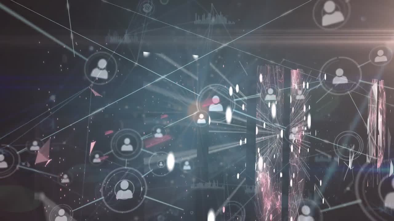 animación de la red de iconos de perfil sobre las pantallas de las redes de plexus contra un fondo gris.