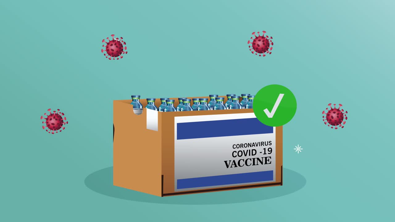 covid19 particles with vaccines vials animation