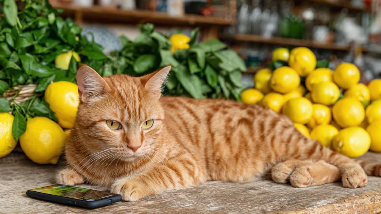 Un adorabile gatto rosso che si rilassa su un tavolo, circondato da limoni freschi ed erbe aromatiche, catturando l'essenza di un'ambientazione di mercato accogliente e vivace.