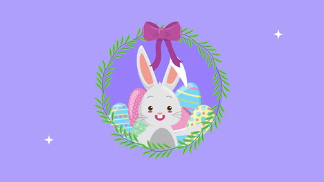feliz tarjeta animada de pascua con huevos pintados y conejo