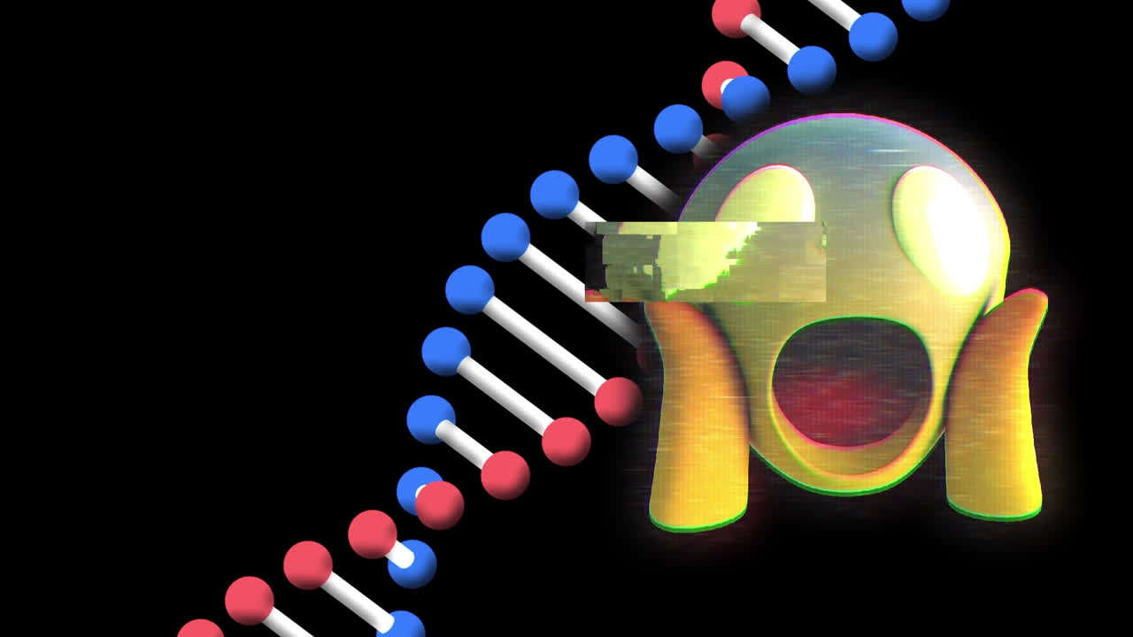 animación de un emoticono aterrador sobre una cadena de adn sobre fondo negro