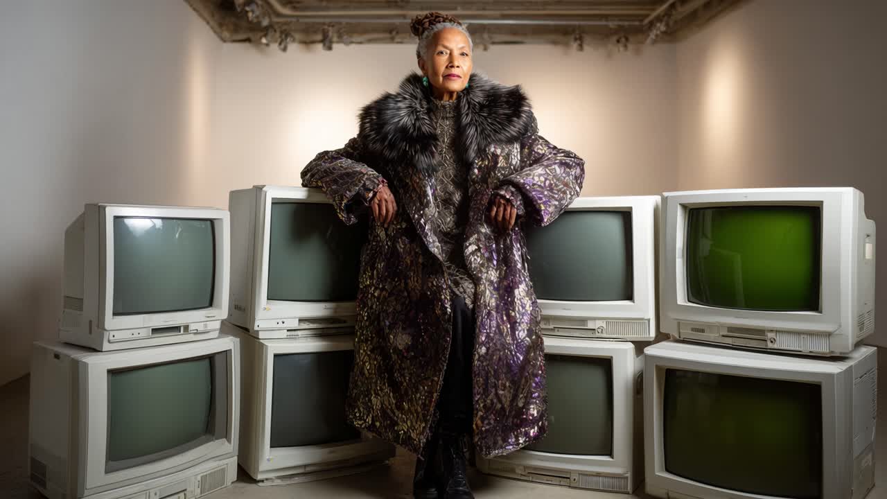Um retrato impressionante de uma mulher confiante em um casaco luxuoso entre monitores de computador retrô, combinando moda, tecnologia e expressão artística em um cenário contemporâneo.