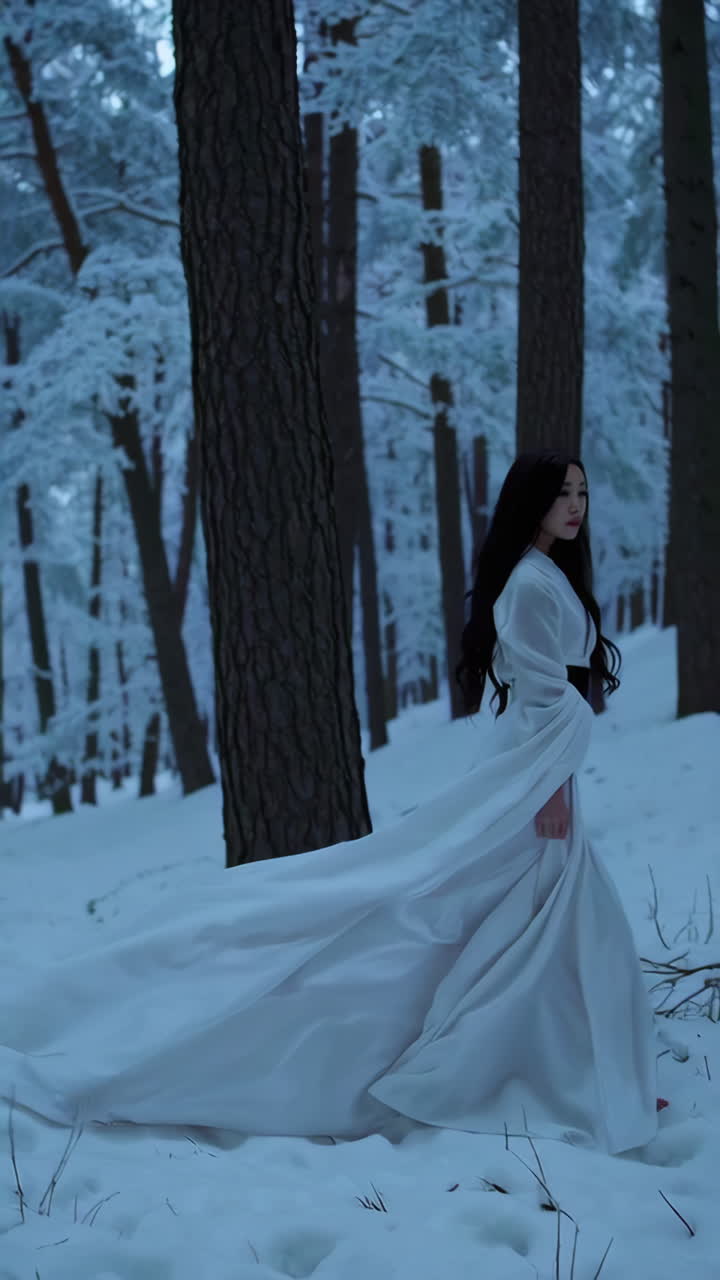 Donna in kimono bianco in una foresta innevata di notte