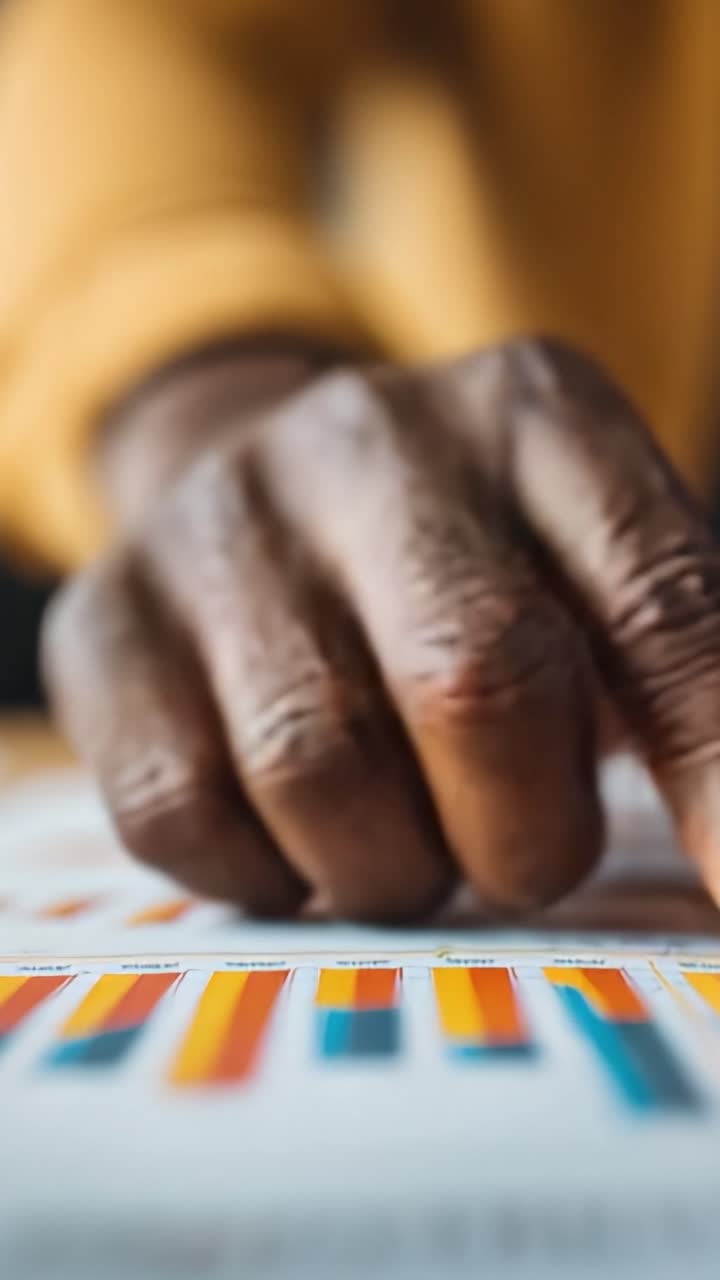 An Analytical Focus: A Hand Examining Colorful Data Charts to Gain Insights and Make Informed Decisions in a Business Context