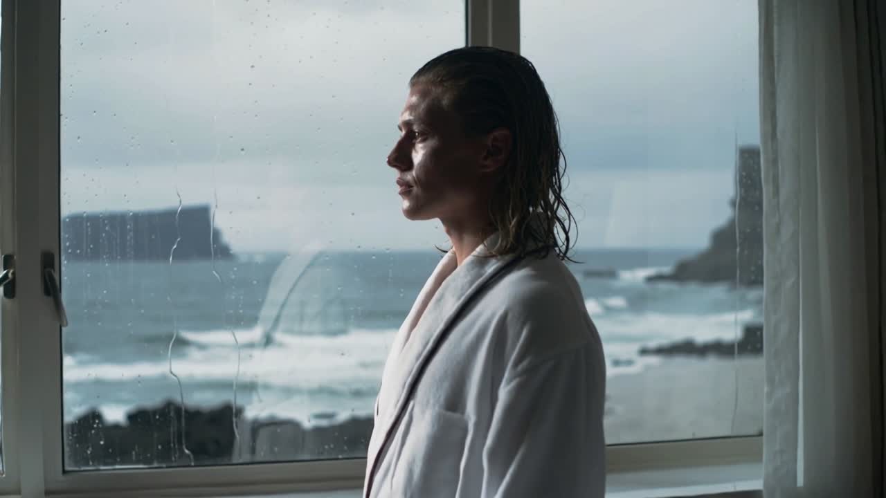 Standing man in white robe watching rough sea through raindrops on window as camera moving closer