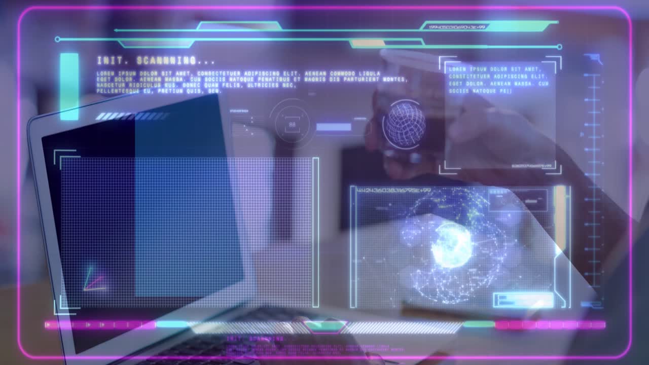 animación de la interfaz digital sobre la persona que usa la computadora portátil