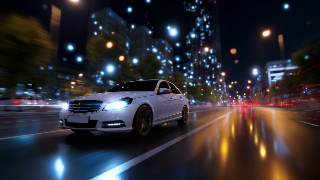 Dynamic Night Scene of a Luxurious Vehicle Driving Through a City with ...