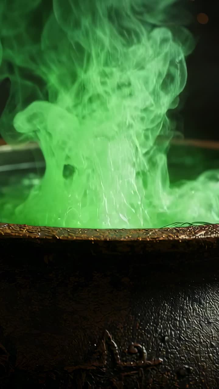 Vertical video: Forming stream green vapor spiraling at alchemy lab, with engraved metal cauldron