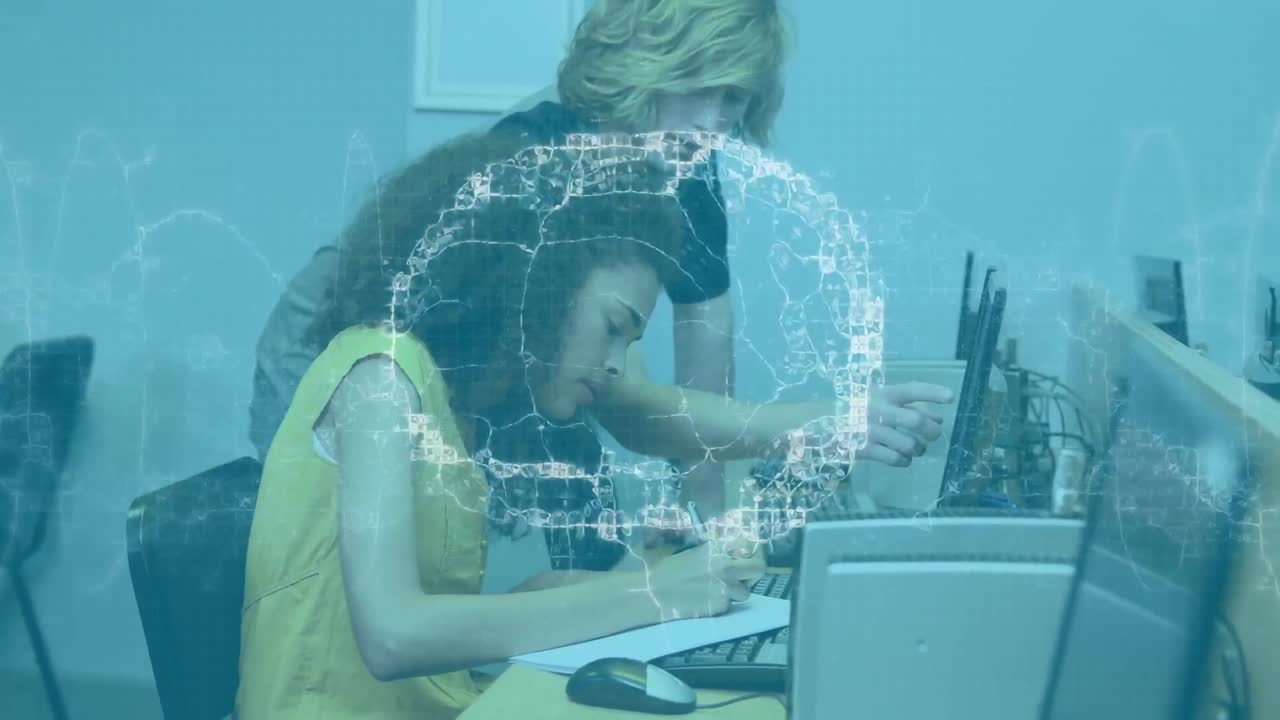 Animation of data processing over group of students using computers