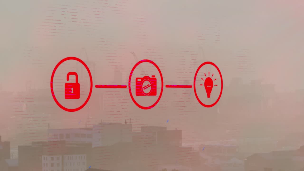 パッドロックライトボルブカメラアイコンのアニメーション都市内の建物の上にフローチャートを形成する