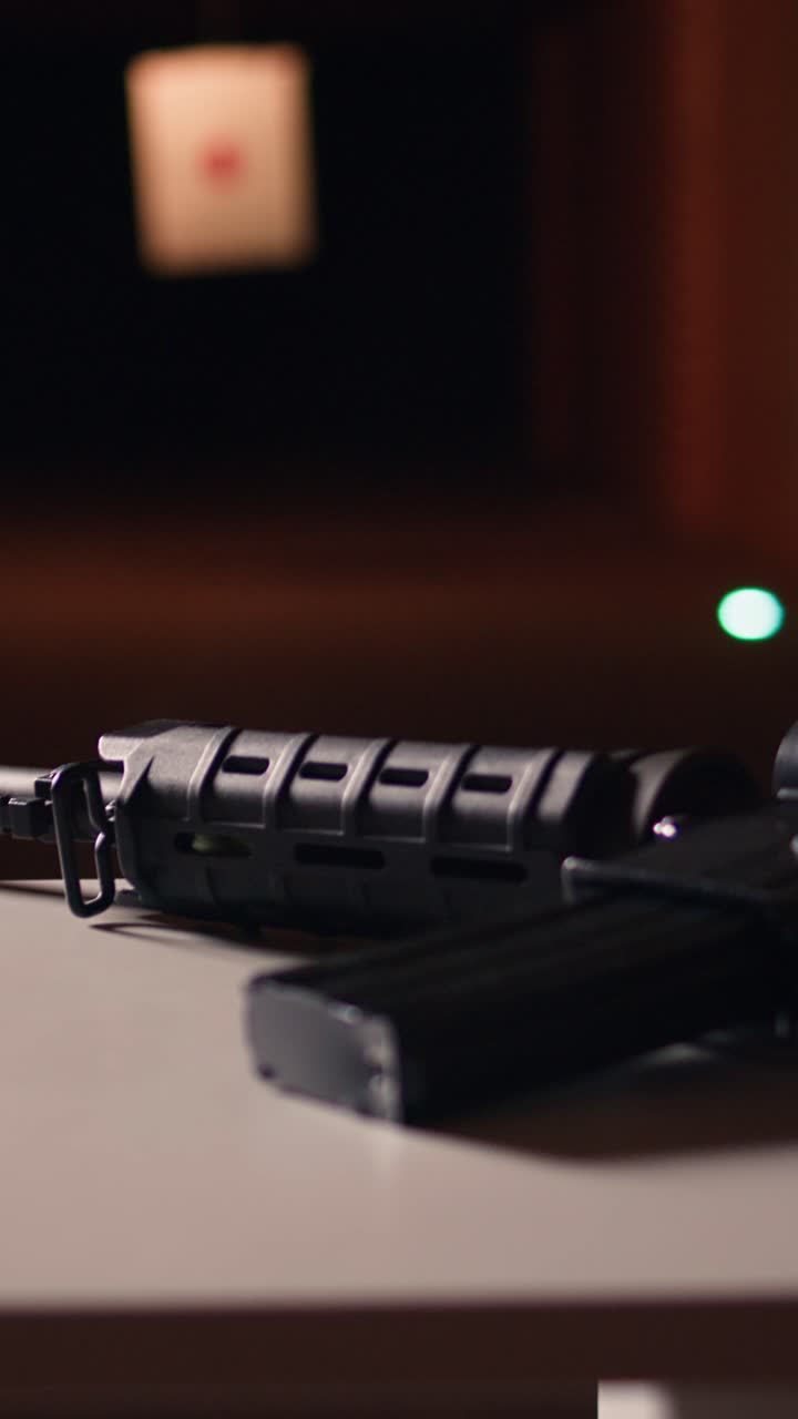 Vertical video Close up of pistol and rifle in army shooting range