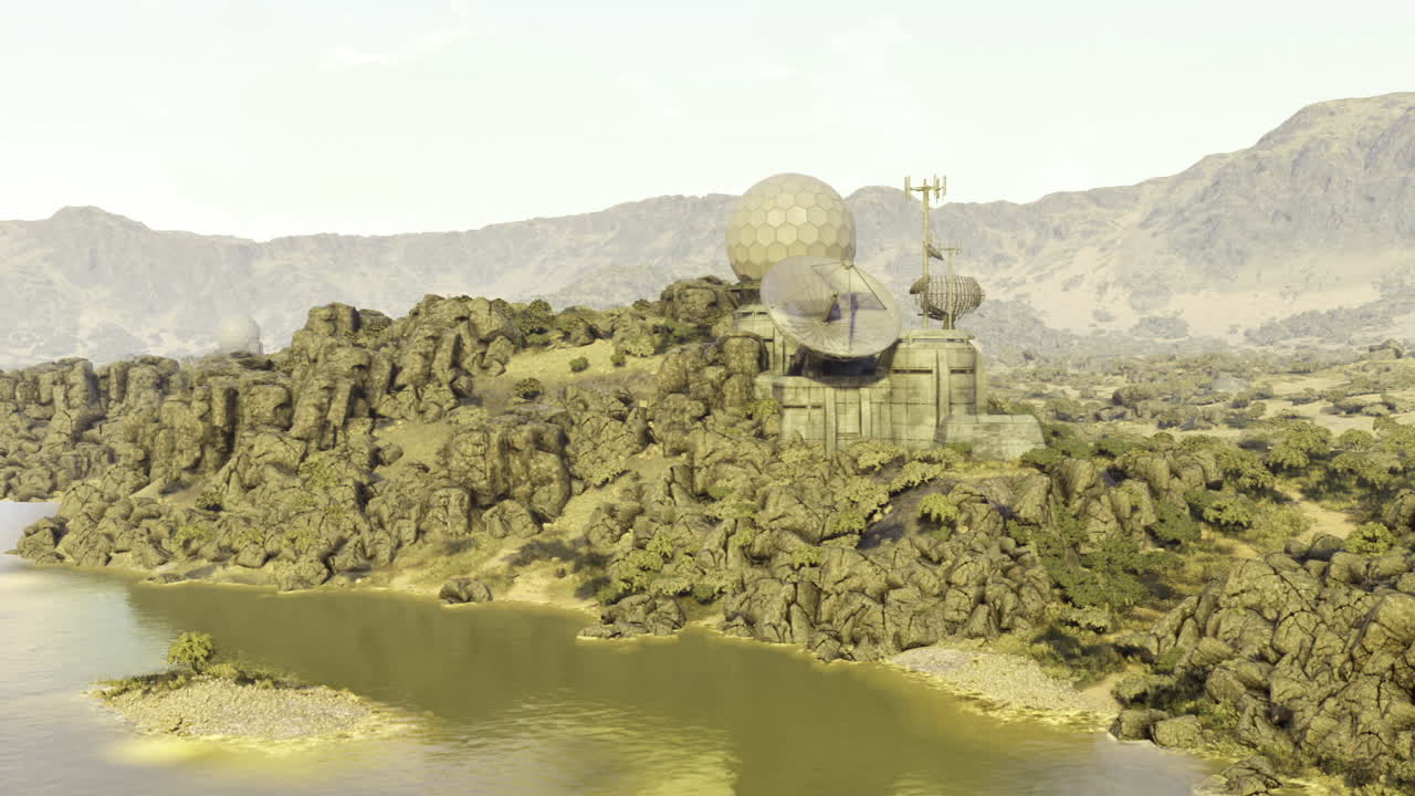 Abandoned radar station overlooks serene waters and rocky hills at dusk