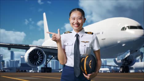 asian woman pilot smiling and pointing to side while standing in airfield with airplane on background