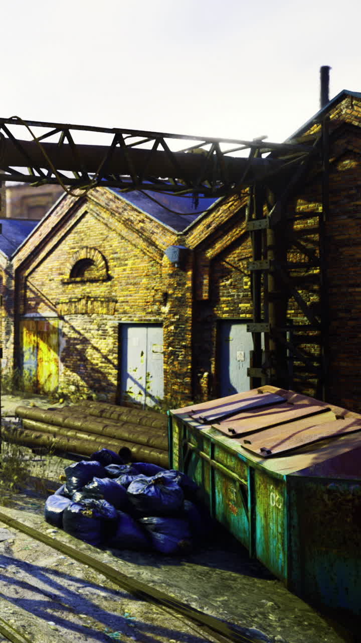 Vecchia area industriale mostra edifici abbandonati e un cassonetto con rifiuti