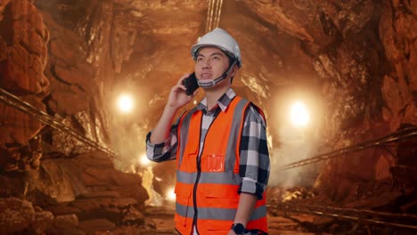 side view of asian male engineer with safety helmet talking on smartphone while standing in underground mine tunnel