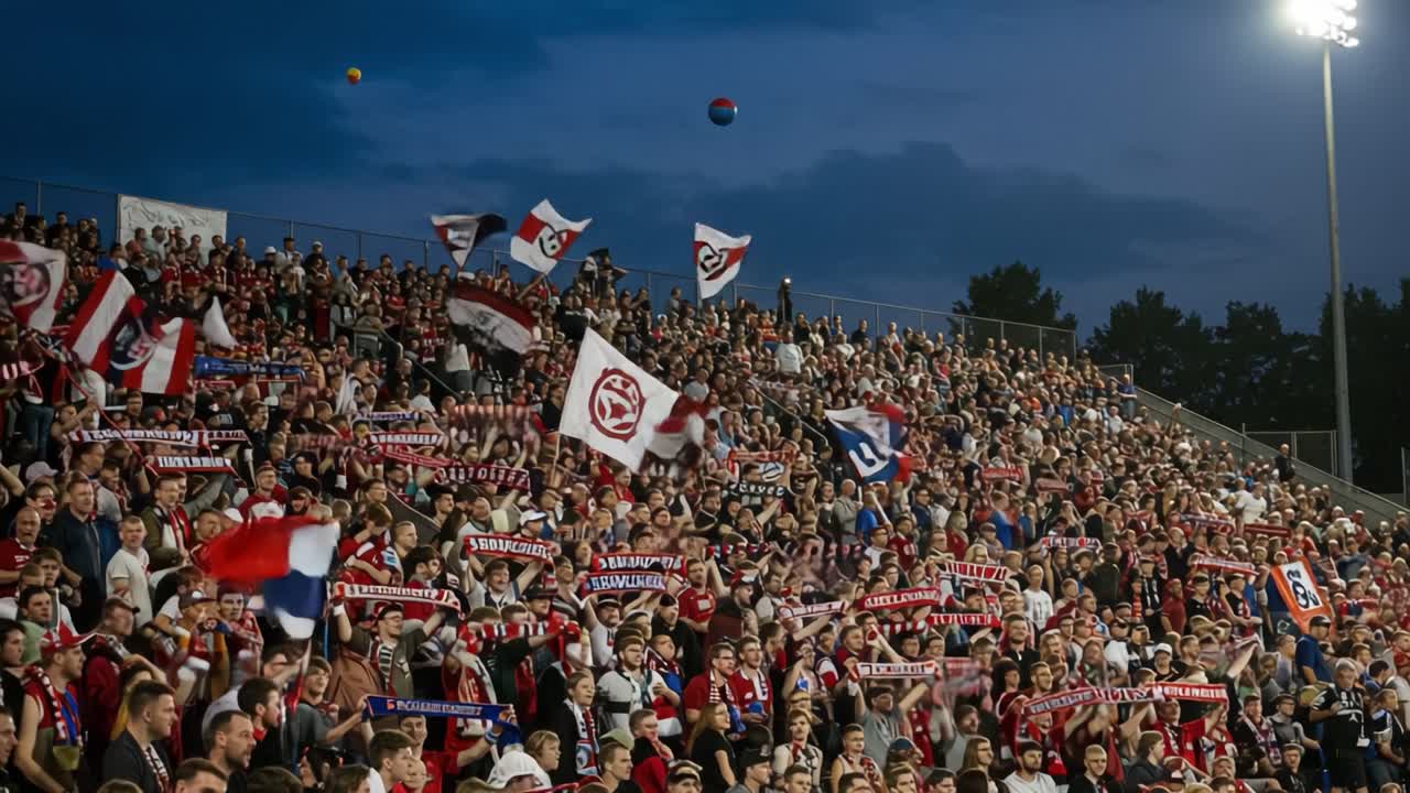 Vibrant Crowd Atmosphere at a Nighttime Soccer Match with Fans Expressing Passion through Flags and Scarves in the Stands Under a Dusky Sky